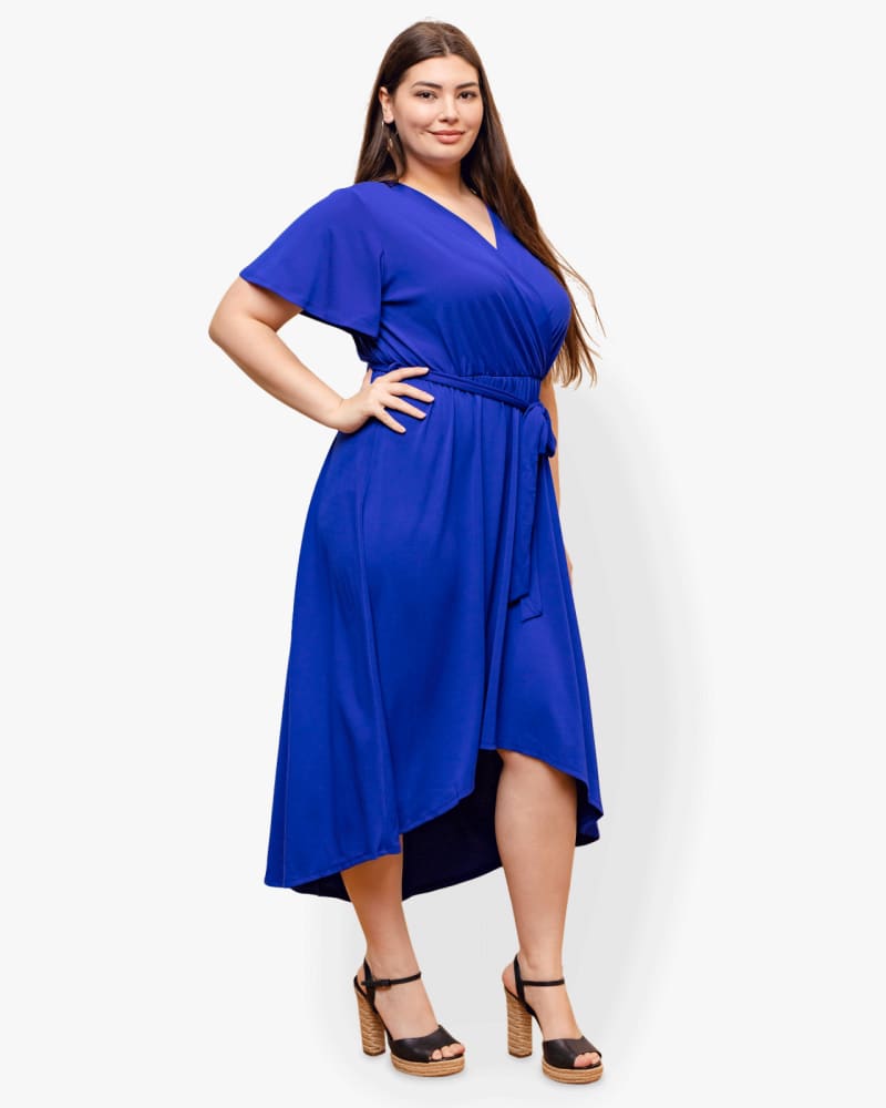 Plus size model wearing Catalina Flutter-Sleeve Faux-Wrap Dress by Gilli | Dia&Co | dia_product_style_image_id:130675